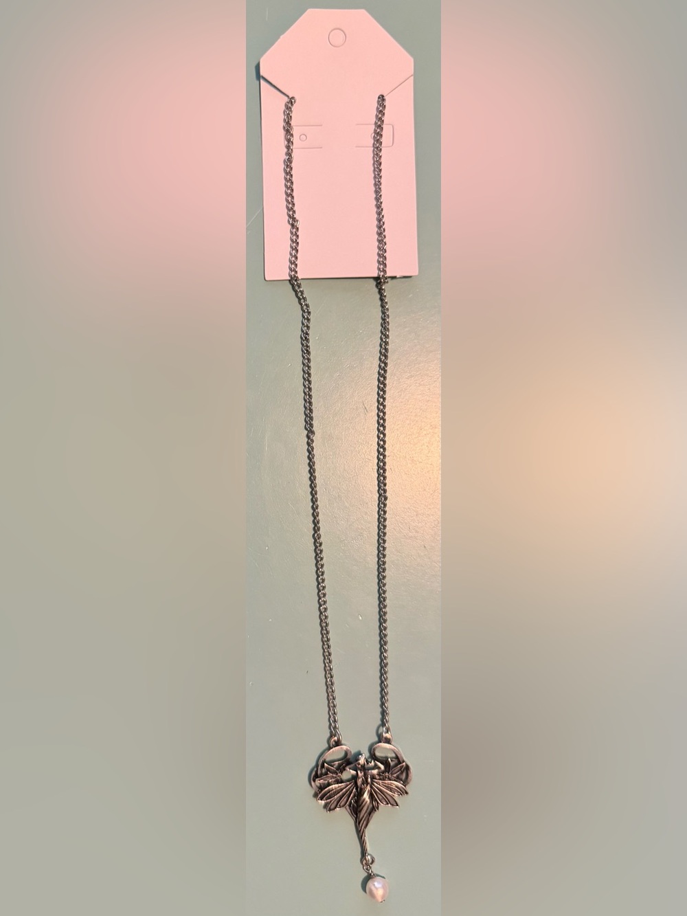 Silver-Tone Angel Pendant Necklace with Pearl Drop